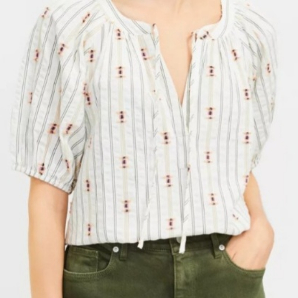 Loft Clip Tie Neck Puff Sleeve Top SZ Large